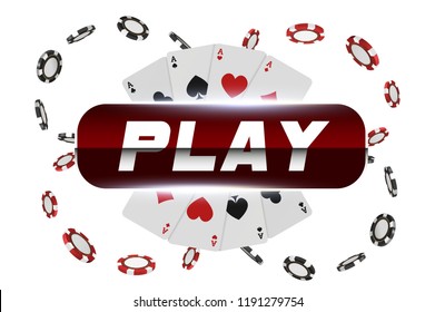 Playing cards and poker chips fly casino play button. Concept on white background. Poker casino vector illustration. Red and black realistic chip in the air. Gambling concept, poker mobile app icon