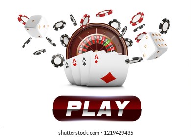 Playing cards and poker chips fly casino. Casino roulette concept on white background. Poker casino vector illustration. Red and black realistic chip in the air. Gambling play button mobile app icon