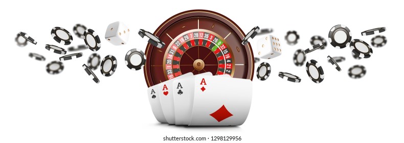 Playing cards and poker chips fly casino wide banner. Casino roulette concept on white background. Poker casino vector illustration. Realistic Casino design. Gambling poker template