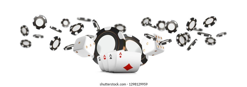 Playing cards and poker chips fly casino wide banner. Casino roulette concept on white background. Poker casino vector illustration. Realistic Casino design. Gambling poker template