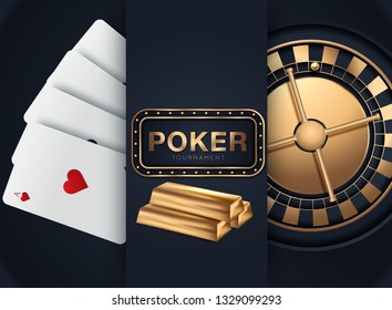 Playing cards and poker chips fly casino. Casino roulette concept on white background. Poker casino vector illustration