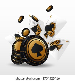 Playing cards and poker chips fly casino. Concept on white background. Poker casino vector illustration.