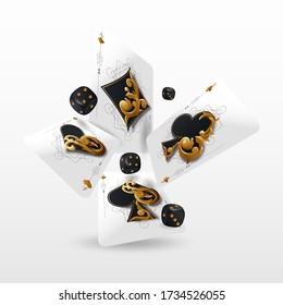 Playing cards and poker chips fly casino. Concept on white background. Poker casino vector illustration.