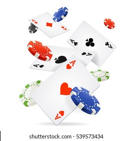 Playing Cards and Poker Chips Fly Casino Concept on a Light Background. Vector illustration