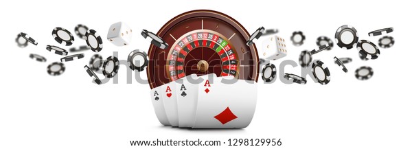 トランプやポーカーチップはカジノワイドバナーを飛ばす 白い背景に