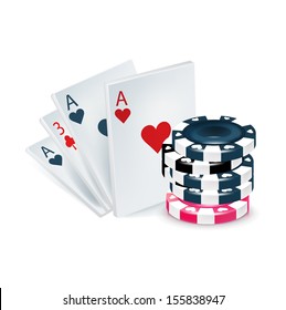 playing cards with poker chips isolated on white