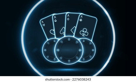 Playing cards and poker chips in a neon circle.