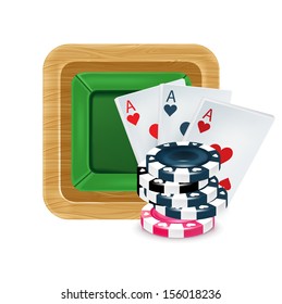 playing cards with poker chips on table isolated on white