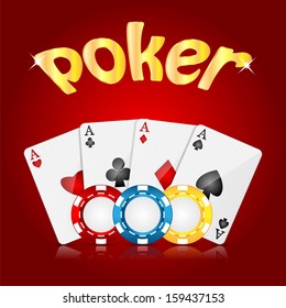 playing cards and poker chips on a red  background.casino background.vector