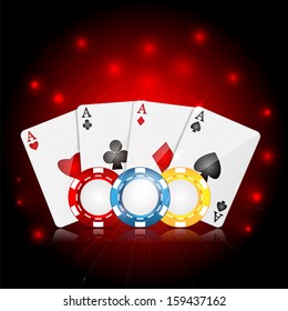 playing cards and poker chips on a red sparkling  background.casino background.vector