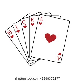 Playing cards - a poker hand consisting of a royal flush hearts 10 J Q K A, vector illustration isolated on white background