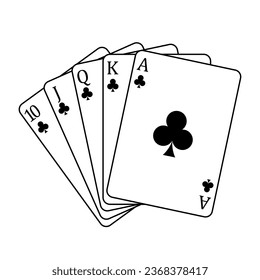 Tarjetas de juego - una mano de póquer que consiste en un palo de descarga real 10 J Q K A, ilustración vectorial aislada en fondo blanco