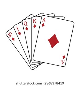 Tarjetas de juego - una mano de póquer que consiste en un diamante real de descarga 10 J Q K A, ilustración vectorial aislada en fondo blanco