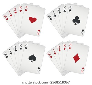 Playing cards - a poker hand consisting of a royal flush clubs spades hearts diamonds 10 J Q K A, vector illustration isolated on white background