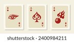 Playing Cards Posters. Retro Wall Art Prints Set with Ace in Flames, 8 Ball Billiards Pool in Fire and Eye in a Trendy Modern Style. Vector Illustrations Collection