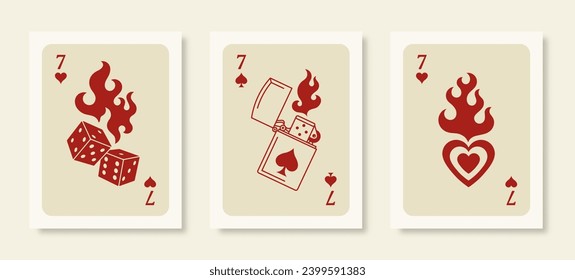 Playing Cards Posters. Retro Wall Art Prints Set with Dice in Flames, Lighter and Heart in a Trendy Modern Style. Vector Collection Funny Illustrations