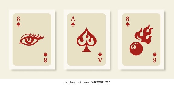 Playing Cards Posters. Retro Wall Art Prints Set with Ace in Flames, 8 Ball Billiards Pool in Fire and Eye in a Trendy Modern Style. Vector Illustrations Collection