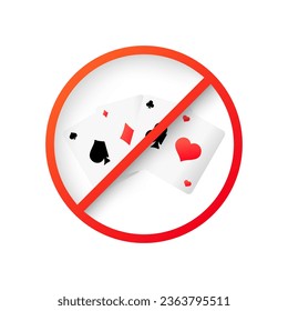Está prohibido jugar a las cartas. Plano, color, círculo rojo, círculo prohibido, prohibición de tarjeta. Icono de vector