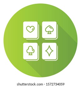 Playing cards puzzle green flat design long shadow glyph icon. Logic game. Mental exercise. Challenge. Ingenuity, intelligence test. Brain teaser. Problem solving. Vector silhouette illustration