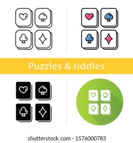 Playing cards puzzle icon. Logic game. Mental exercise. Challenge. Ingenuity, intelligence test. Brain teaser. Solution finding. Flat design, linear and color styles. Isolated vector illustrations