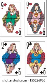 Playing cards. Queens. Set of color vector illustrations.