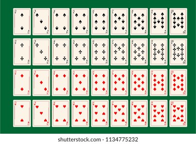 playing cards rank collection green board. clubs, spades, heart, diamond 