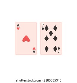 Cartas de juego - coraza de corazón rojo y diamante negro siete, ilustración vectorial plana aislada en fondo blanco. Conceptos de juegos de mesa, juegos de azar y juegos de mesa.