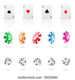 playing cards, roulette chips and dices icons