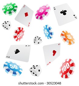 playing cards, roulette chips and dices seamless pattern