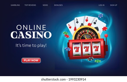 Playing cards, roulette wheel and winning slot machine fly casino. Online casino vector illustration. Website homepage interface UI template. Landing web page with infographic concept hero header