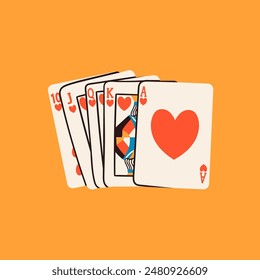 Playing cards. Royal flush poker cards combination. Hand drawn Vector illustration. Tournament, game, casino, poker, gambling, game, fun concept. Isolated design element. Icon, logo, print template