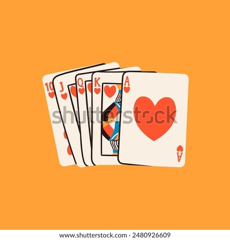 Playing cards. Royal flush poker cards combination. Hand drawn Vector illustration. Tournament, game, casino, poker, gambling, game, fun concept. Isolated design element. Icon, logo, print template
