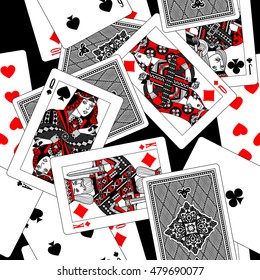 Playing cards seamless pattern background in black, white, gray and red colors. Original design in flat style. Vector illustration