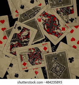 Playing cards seamless pattern background in grunge style. Vintage original design. Vector illustration