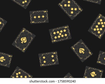 Playing cards seamless pattern. Original design black with gold color. Casino poker cards for promotional products, wrapping paper and printing. Vector illustration