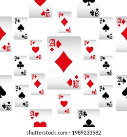 Playing cards seamless pattern. Original background in three-dimensional style. Fashion design for fabric, wallpaper, textile and decor.