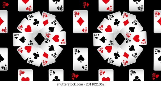 Playing cards seamless pattern. Original background in three-dimensional style. Fashion design for fabric, wallpaper, textile and decor.