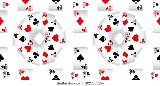 Playing cards seamless pattern. Original background in three-dimensional style. Fashion design for fabric, wallpaper, textile and decor.