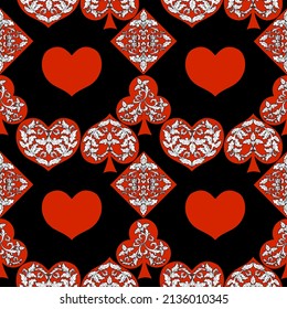 Playing cards seamless pattern. Original background in three-dimensional style. Fashion design for fabric, wallpaper, textile and decor.