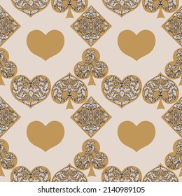Playing cards seamless pattern. Original background in three-dimensional style. Fashion design for fabric, wallpaper, textile and decor.
