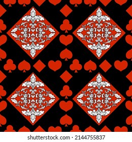 Playing cards seamless pattern. Original background in three-dimensional style. Fashion design for fabric, wallpaper, textile and decor.
