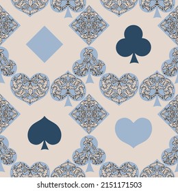 Playing cards seamless pattern. Original background in three-dimensional style. Fashion design for fabric, wallpaper, textile and decor.
