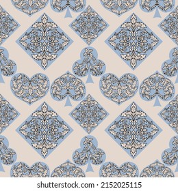 Playing cards seamless pattern. Original background in three-dimensional style. Fashion design for fabric, wallpaper, textile and decor.
