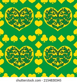 Kartenspielen nahtloses Muster. Origineller Hintergrund im dreidimensionalen Stil. Modedesign für Stoffe, Tapeten, Textilien und Dekoration.
