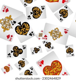 Playing cards seamless pattern. Original background in three-dimensional style. Fashion design for fabric, wallpaper, textile and decor.
