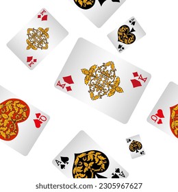 Playing cards seamless pattern. Original background in three-dimensional style. Fashion design for fabric, wallpaper, textile and decor.