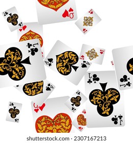 Playing cards seamless pattern. Original background in three-dimensional style. Fashion design for fabric, wallpaper, textile and decor.