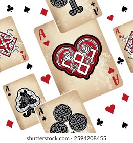 Playing cards seamless pattern. Original background in three-dimensional style. Fashion design for fabric, wallpaper, textile and decor.