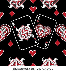 Playing cards seamless pattern. Original background in three-dimensional style. Fashion design for fabric, wallpaper, textile and decor.
