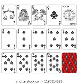 Playing cards series "Minimal black and red Zodiac signs", club suit, joker and back. Background white card.